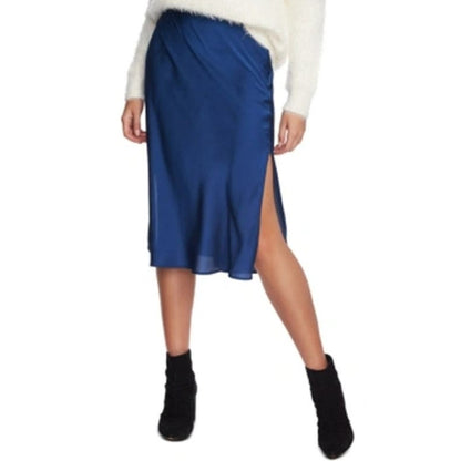 1.State Polished Nomad Side Zip Two Side Slits Midi Skirt Size 8 in Blue NWT