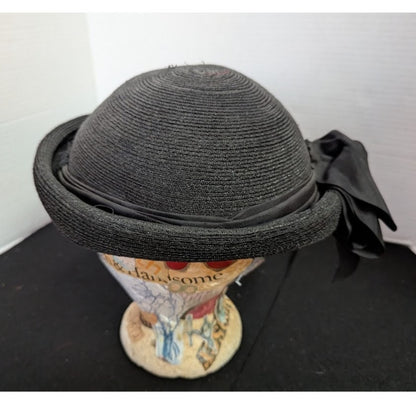 Vintage 50s Black Straw Breton Roller Hat Large Grosgrain Bow Rockabilly Church