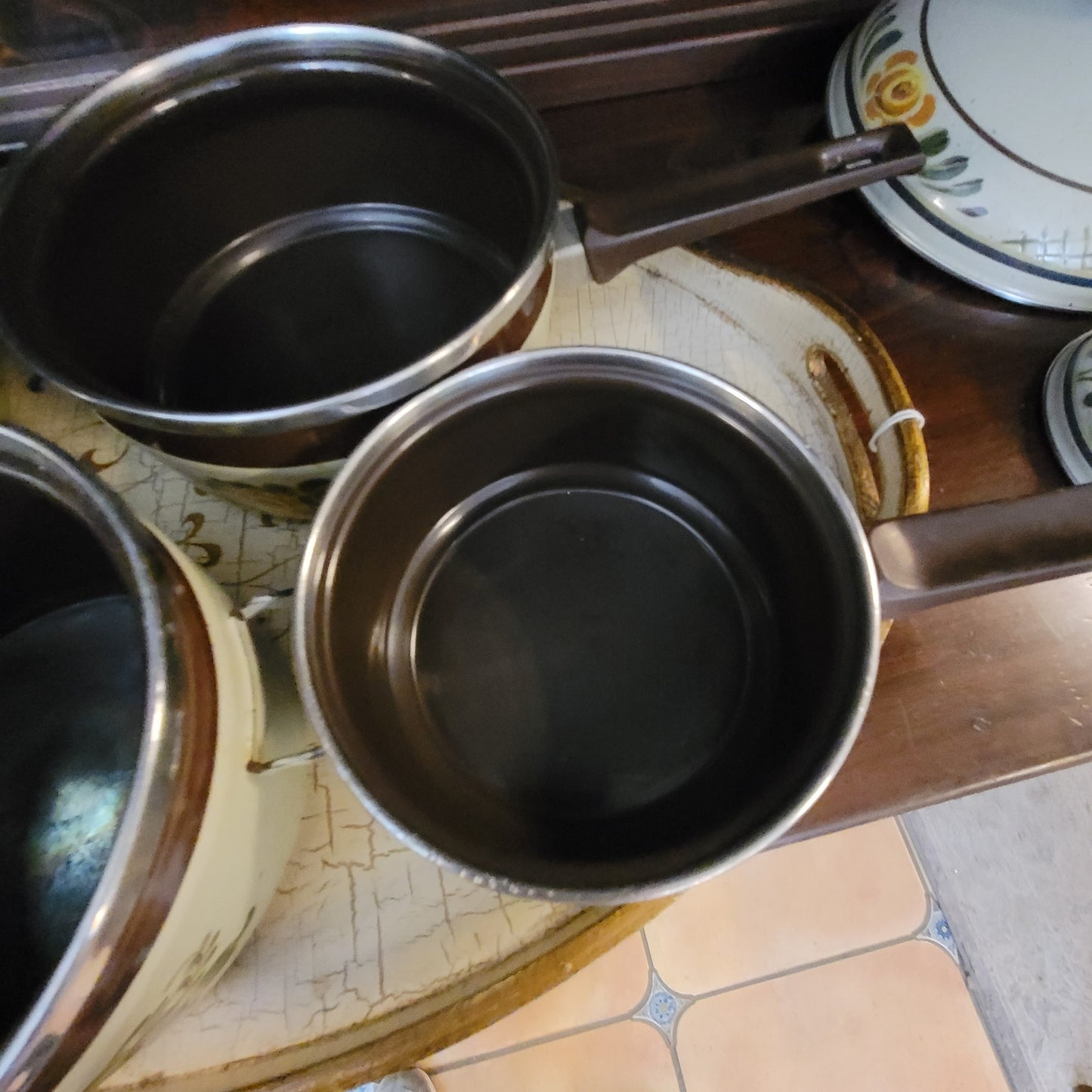 Vintage Asta Enamelware Cookware Set Brown Green Floral West Germany 8pc