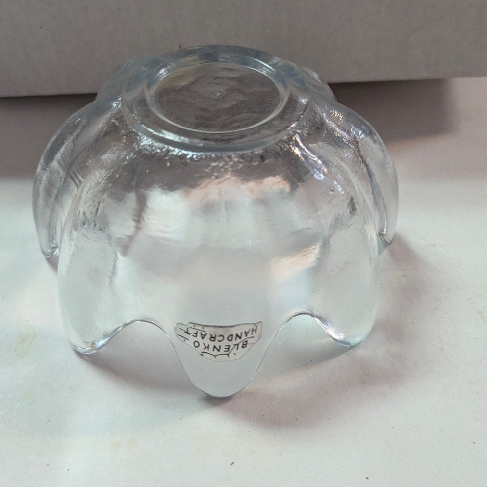 Blenko Art Glass Lotus Bowl 6143S Blue w/ Original Milton W. Va. Tag MCM