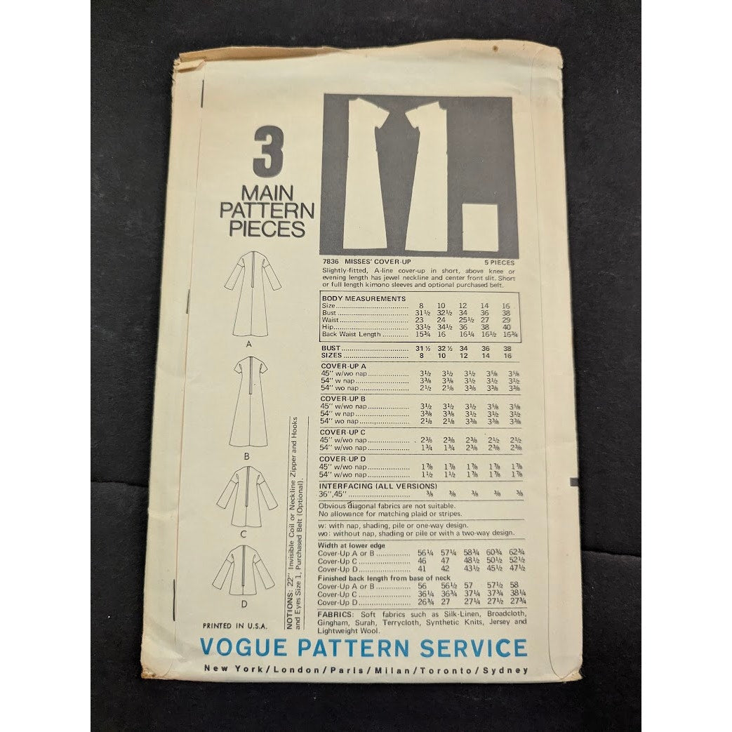Vintage Pattern Sewing Crafts Hobby Vogue Size 12 Bust 34 7836