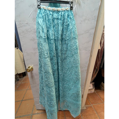 Sherri Hill 2 pc. halter top w/ maxi skirt teal aqua pearls 51020 Top 8 Skirt 0