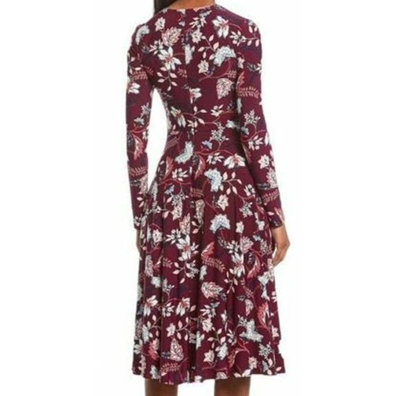 Eliza J Floral Aubergine Long Sleeve Midi Dress Size 4 in Maroon Multicolor NWT