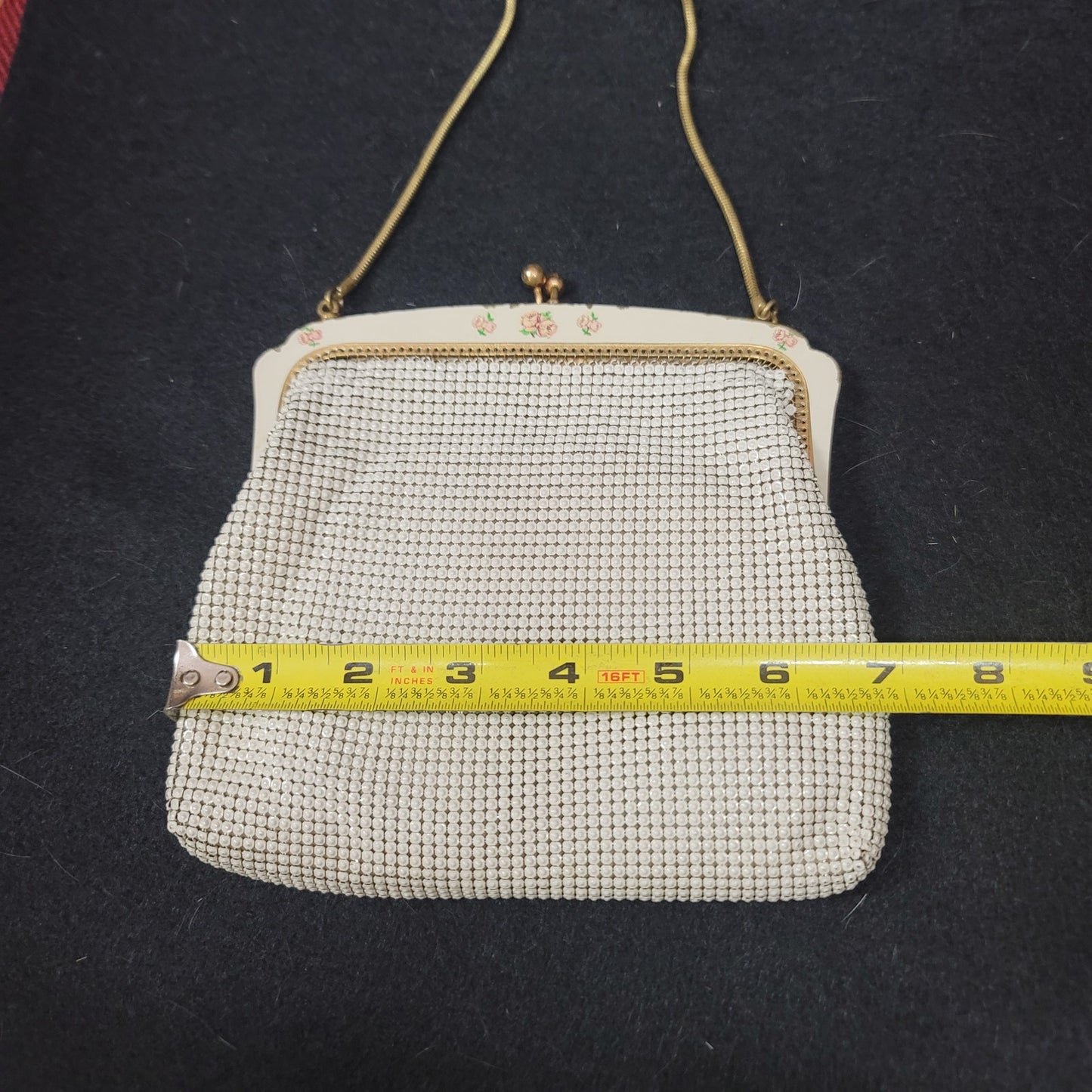 Vintage OROTON made Germany metal mesh purse handbag floral kiss clasp cream
