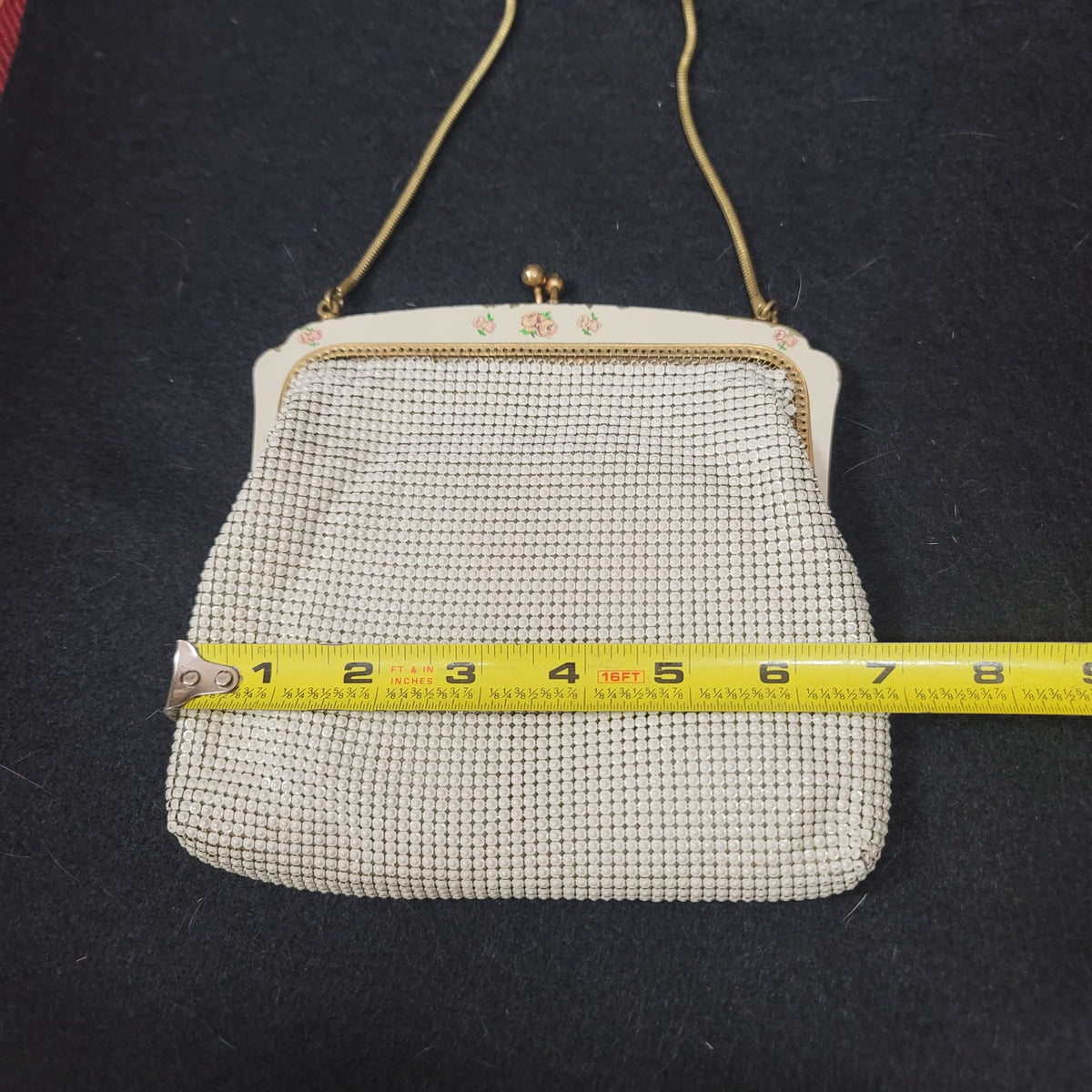 Vintage OROTON made Germany metal mesh purse handbag floral kiss clasp cream
