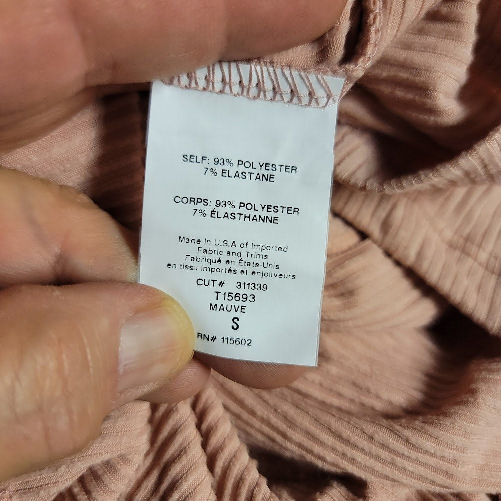 LUSH small ribbed long puff sleeve blouse top Mauve ruffle neck stretch light