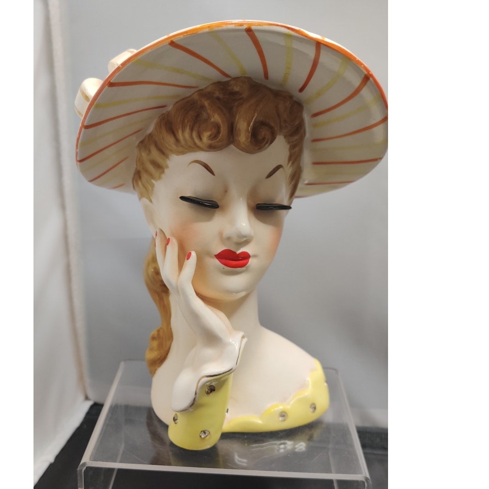 Vintage 1950s Napco Lady Head Vase Planter Striped Hat Collectible MCM Kitsch