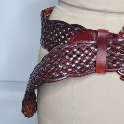 Vintage faux vegan braided leather wide belt Medium adjustable brass buckle