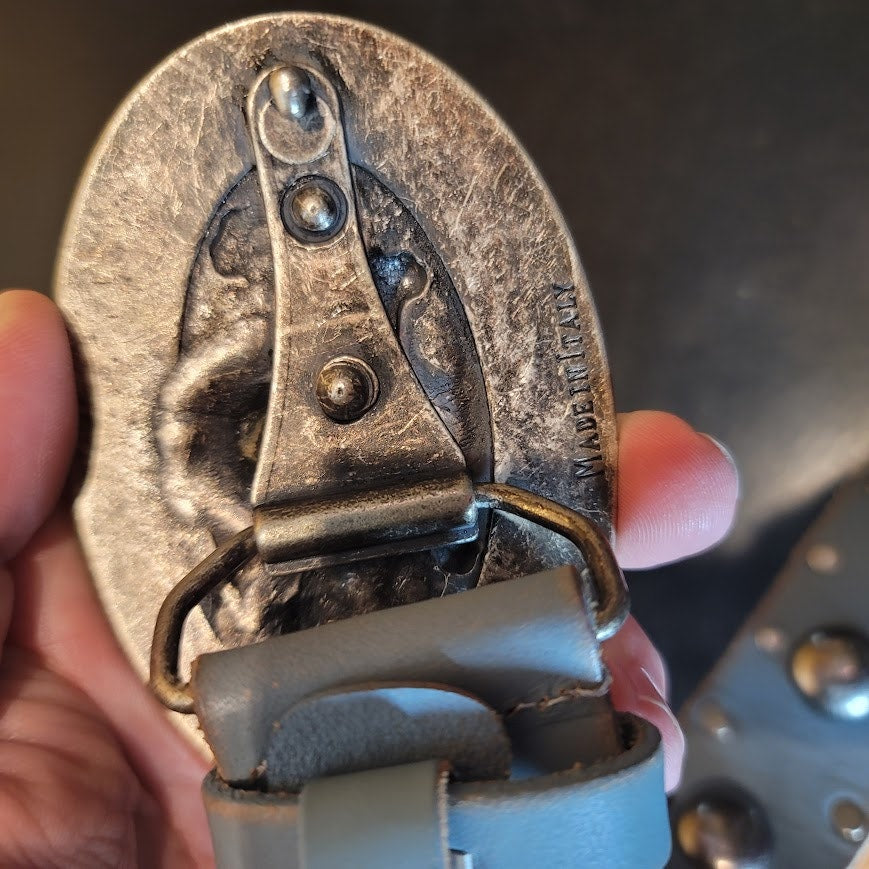 Hyde Blue Studded 1 3/4" wide Skull Crossbones Silver Buckle Italy Leather Belt