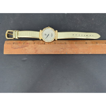 Vtg. Victoria Wieck Beverly Hills Gold Tone Crystal Pave Watch Gold Leather Band
