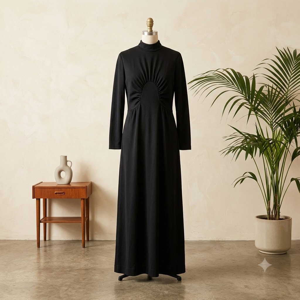 Alison Ayres Original Vintage Black Maxi Polyester Long Sleeve Modesty 1970s