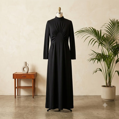 Alison Ayres Original Vintage Black Maxi Polyester Long Sleeve Modesty 1970s