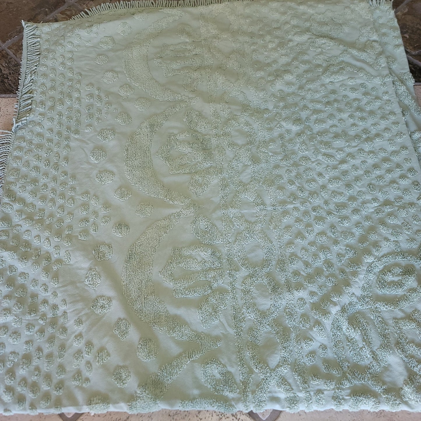Sage green Chenille blanket Queen or King Bedspread Coverlet Vintage