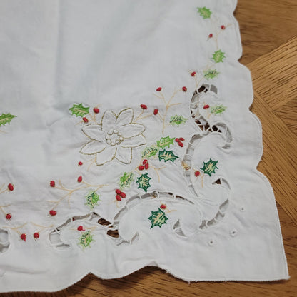 Christmas Table linen tableclotth 32" Runner 48" Holly Candles Holiday Vintage