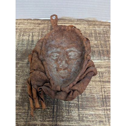 Vintage 80s Sculpted Leather Wall Mask MCM Brutalist Boho Art Handwoven Large 8"