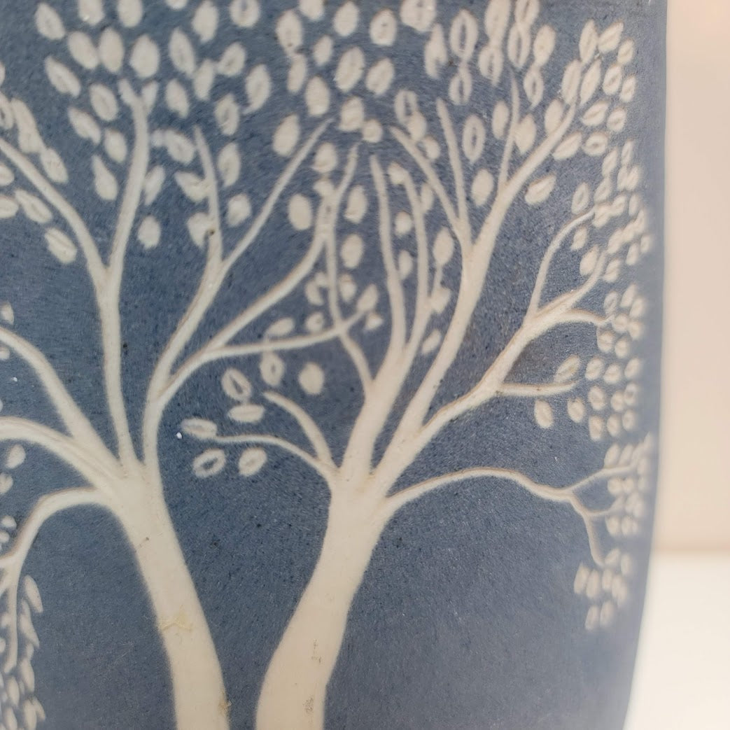handcrafted incised vase blue white tree of life signed 1981 two trees Chuppah