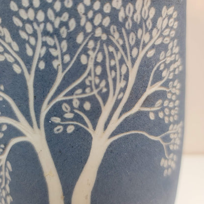 handcrafted incised vase blue white tree of life signed 1981 two trees Chuppah