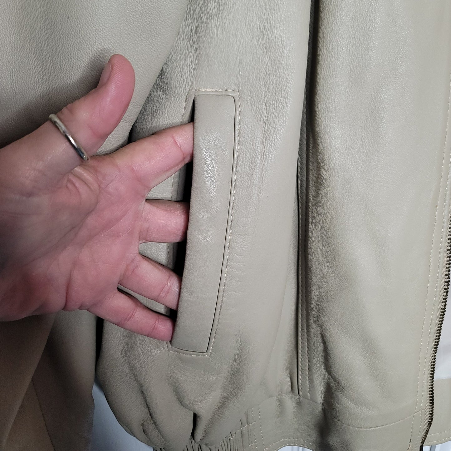 Vintage Grandpa Zip Up Jacket Cream Faux Leather Mens Large Pockets