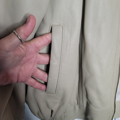 Vintage Grandpa Zip Up Jacket Cream Faux Leather Mens Large Pockets