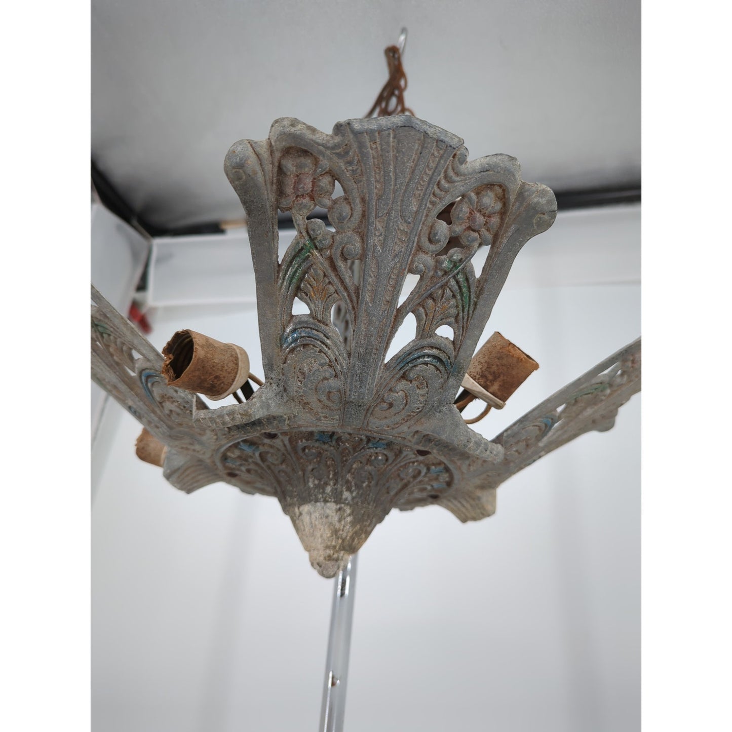 1930s Art Deco Slip Shade 5 Light Chandelier Fixture Restoration Project