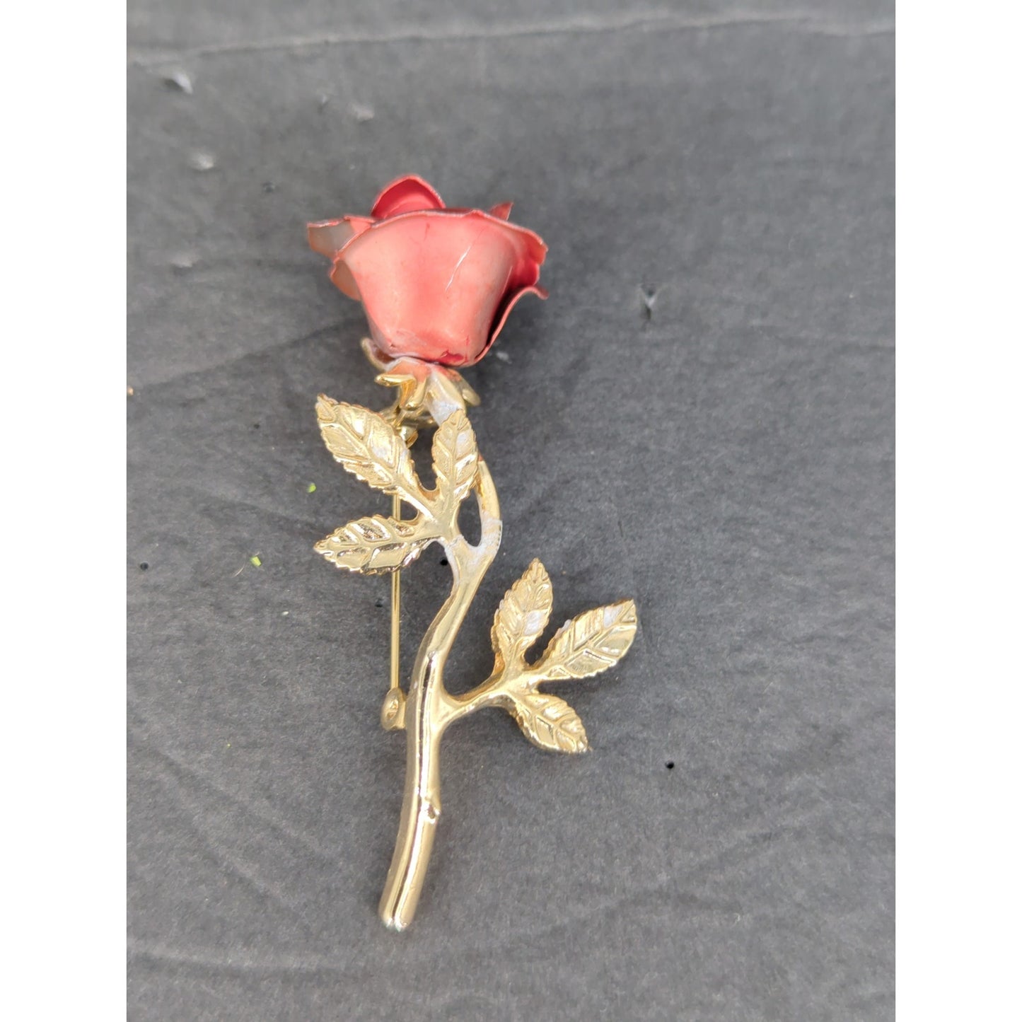 Vintage Metal Rose Flower Stem Brooch Pin Gold Tone Carved Style Petals