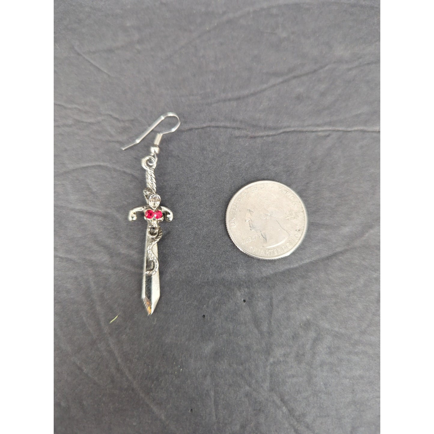 Vintage Sword Dangle Earrings Silver Tone Gemstone Gothic Pierced RenFaire Angel