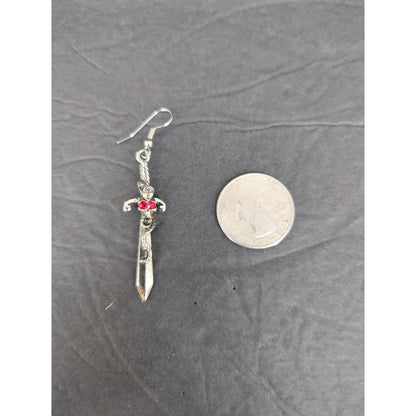 Vintage Sword Dangle Earrings Silver Tone Gemstone Gothic Pierced RenFaire Angel