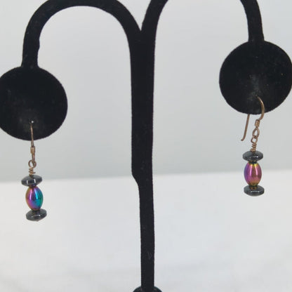 Vintage Iridescent Rainbow Beaded .925 Silver Dangle Earrings Boho Minimalist