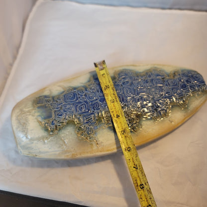 Tenmoku Malaysia 12" Vase Pinched Flatened Pottery Blue Geometric Swirl texture