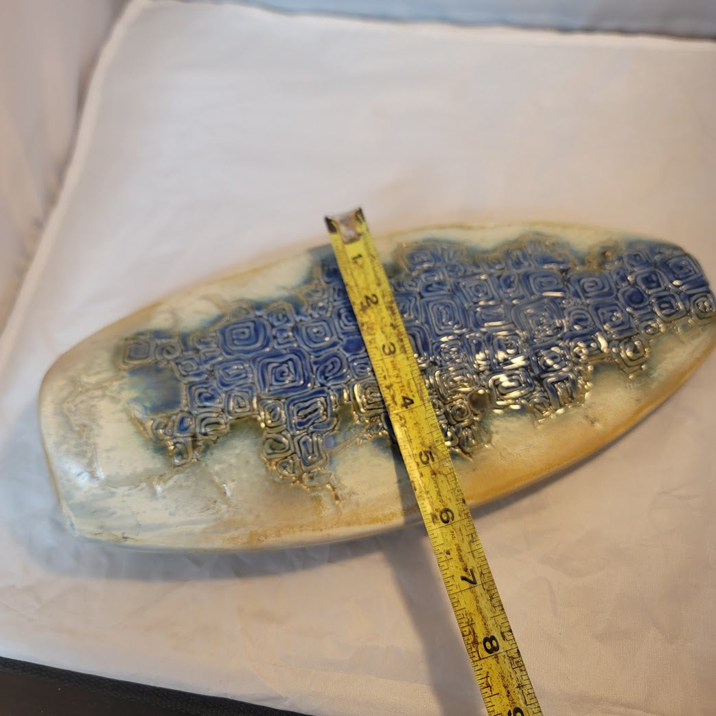 Tenmoku Malaysia 12" Vase Pinched Flatened Pottery Blue Geometric Swirl texture