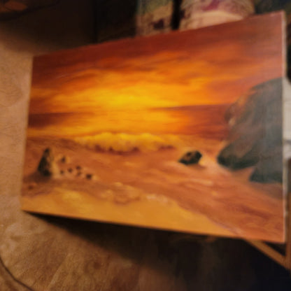 Vintage Mid-Century Sunset Seascape Oil Painting Canvas Signed by A. Eriksen