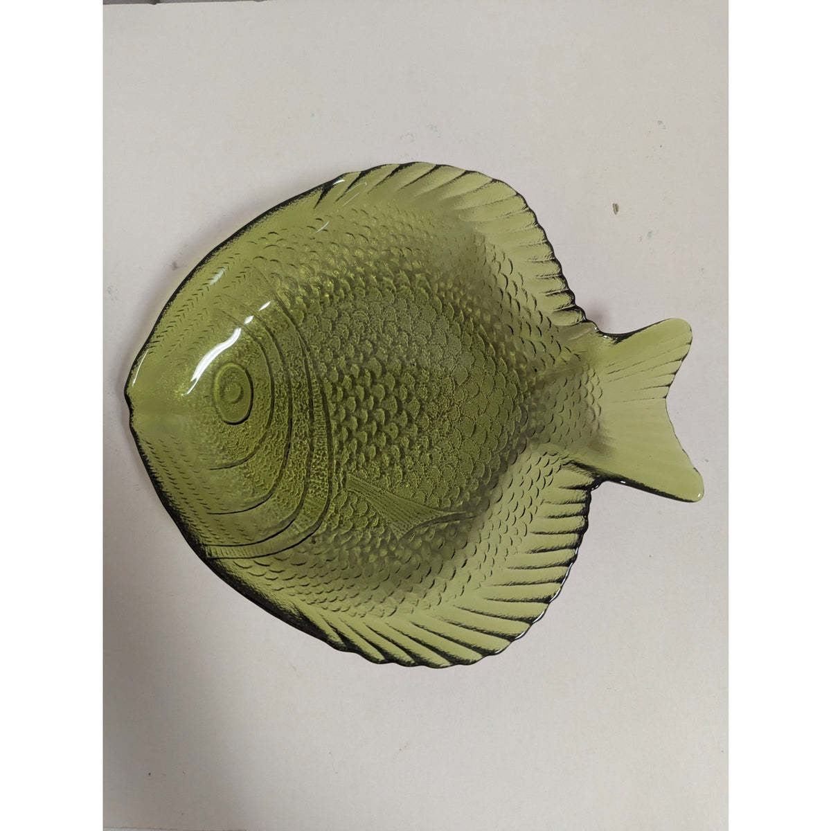 Vintage Olive Green Glass Fish Shaped Dish Ashtray Or Trinket Dish Coastal Beach