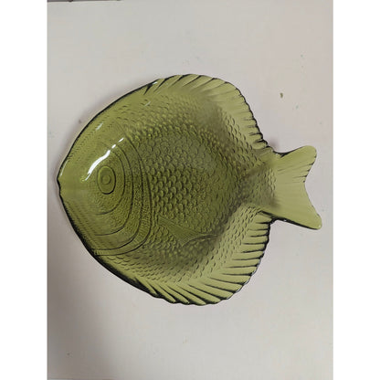 Vintage Olive Green Glass Fish Shaped Dish Ashtray Or Trinket Dish Coastal Beach