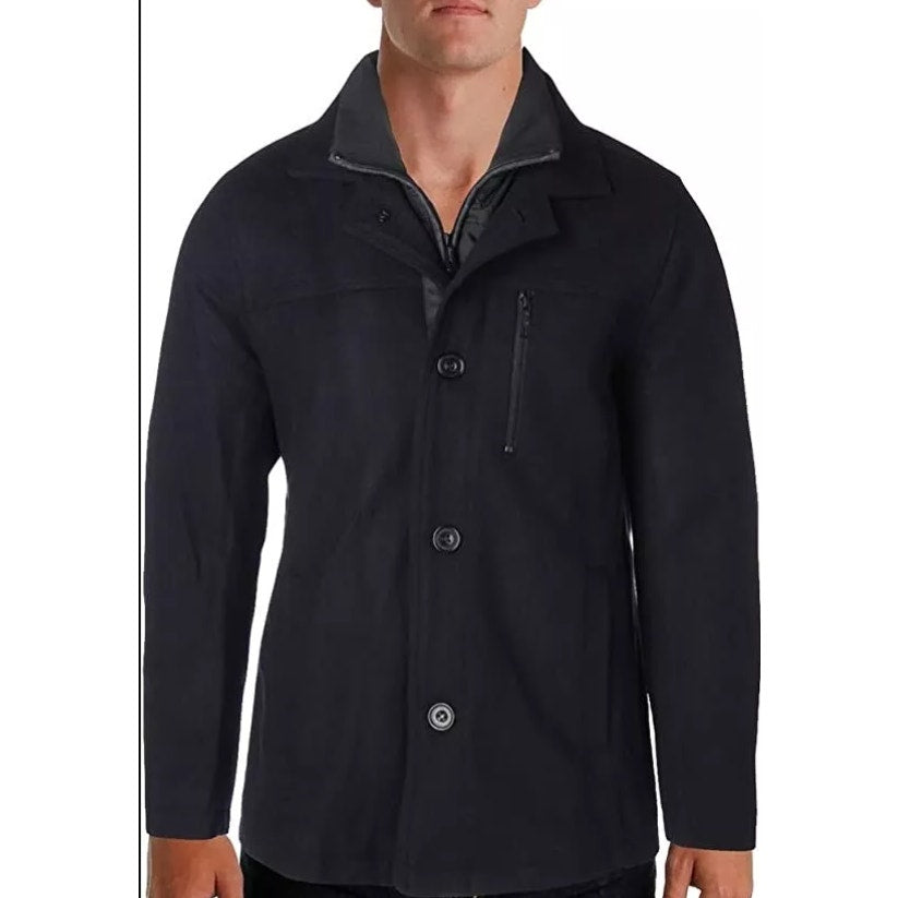 Kenneth Cole Wool Blend Car Coat Black Large Jacket NEW Single Breast pockets