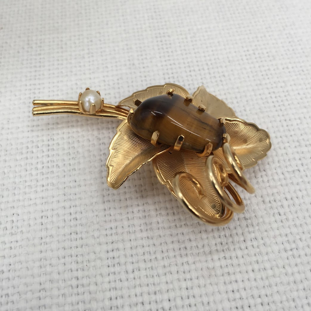 Vintage Flower Pin Brooch Gold Tone Brown Tiger Eye Nugget Stone Costume Jewelry