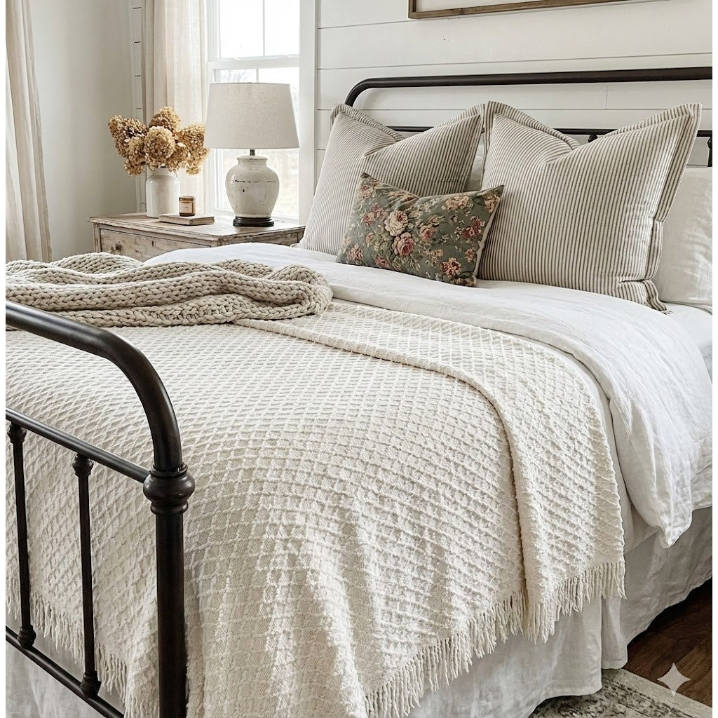 Vintage Cream Crosshatch Full Chenille Bedspread Blanket Farmhouse Cabin