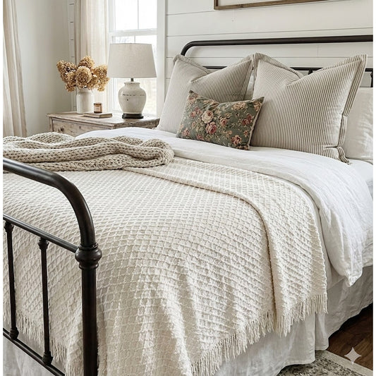 Vintage Cream Crosshatch Full Chenille Bedspread Blanket Farmhouse Cabin