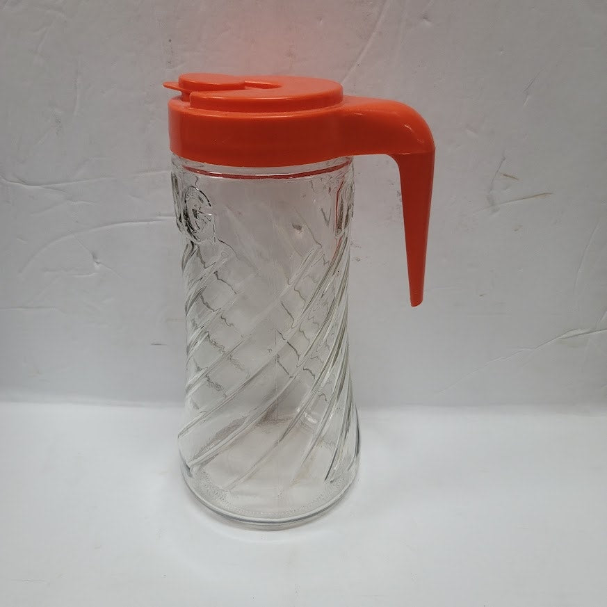 Vintage Tang 1 QT Glass Juice Pitcher with Orange Handled Lid w Spout & Cap
