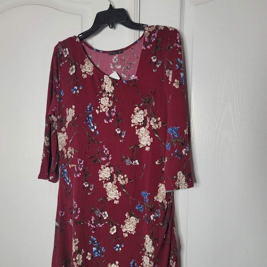 NEW West Kei Burgundy Floral Midi Dress LARGE Hi Low Hem Asymmetrical Collar