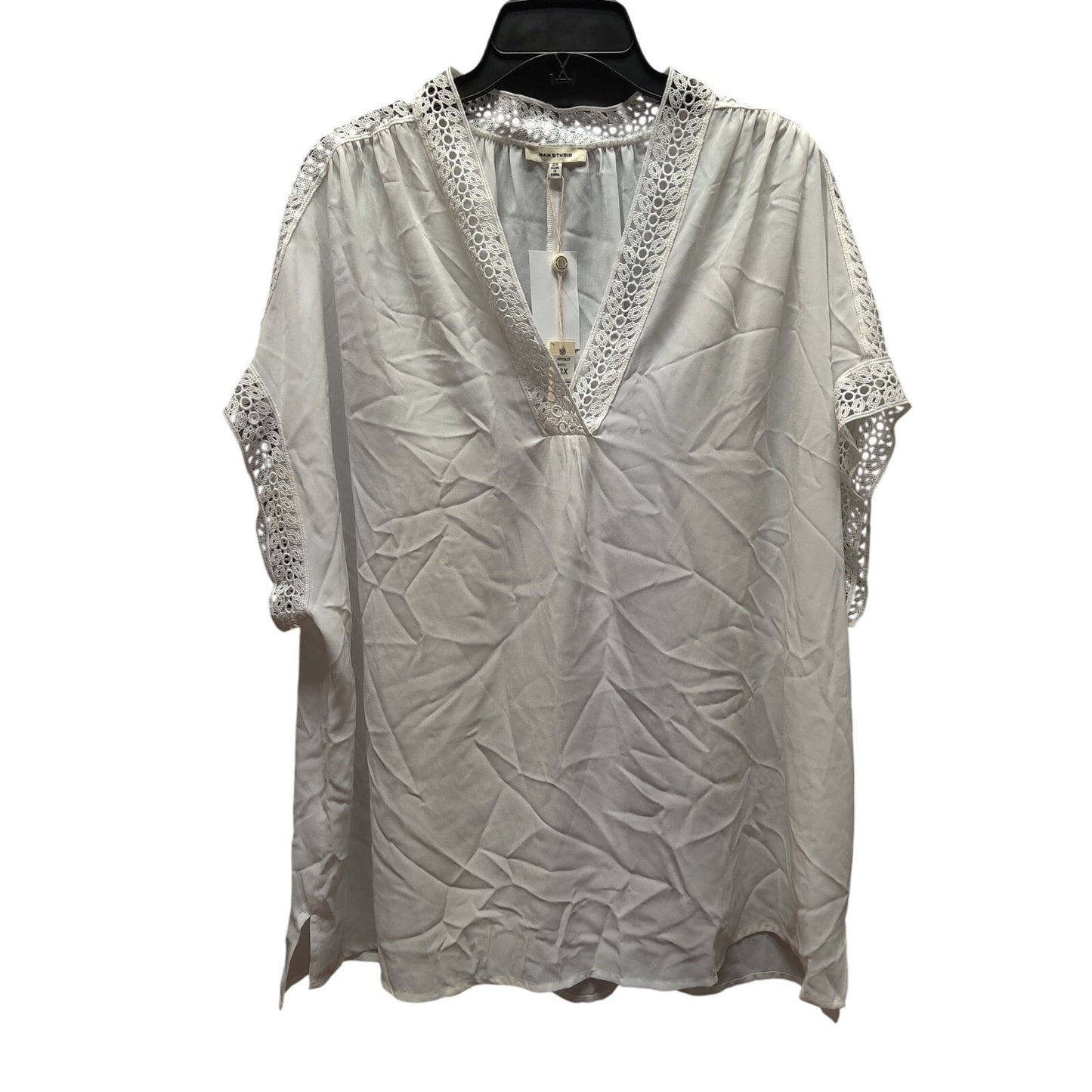 Max Studio White Lace-Trim V-Neck Blouse: Breezy Casual Short Sleeve Top Size 2X
