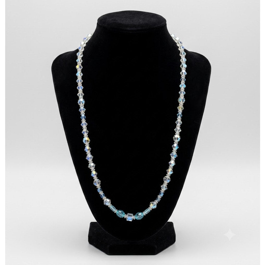 Vintage Iridescent Crystal & Teal Glass Beaded Necklace Boho