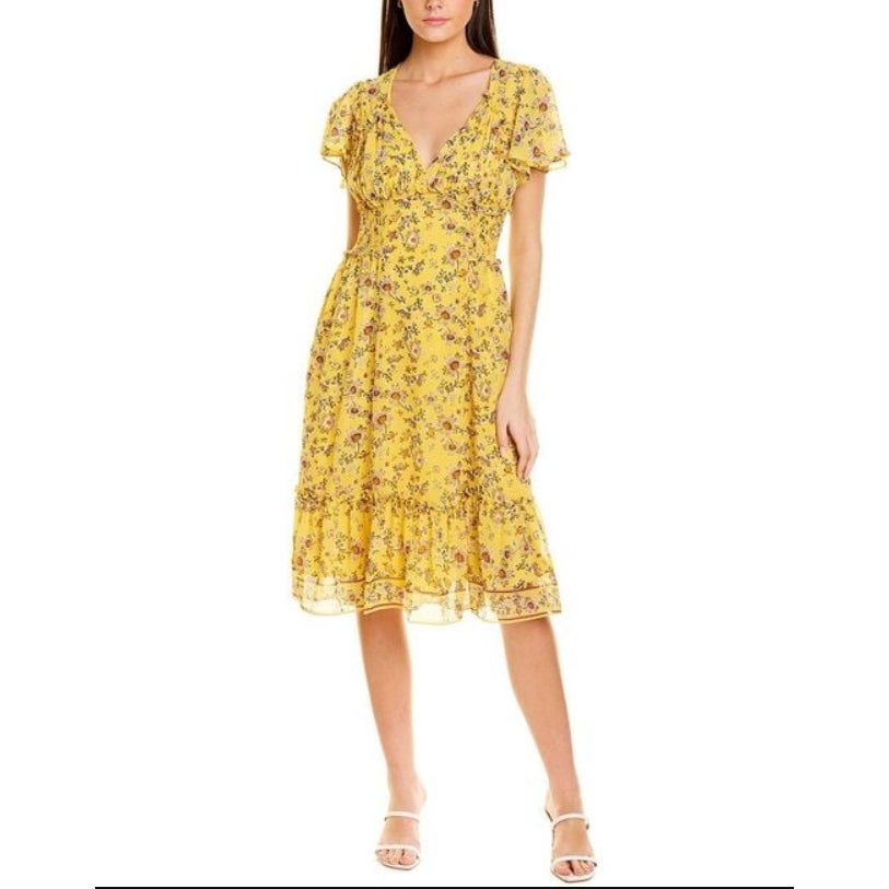 Max Studio Floral Ruffle Flutter Sleeve Dress Yellow Medium Gold Spring NEW