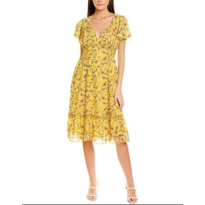 Max Studio Floral Ruffle Flutter Sleeve Dress Yellow Medium Gold Spring NEW