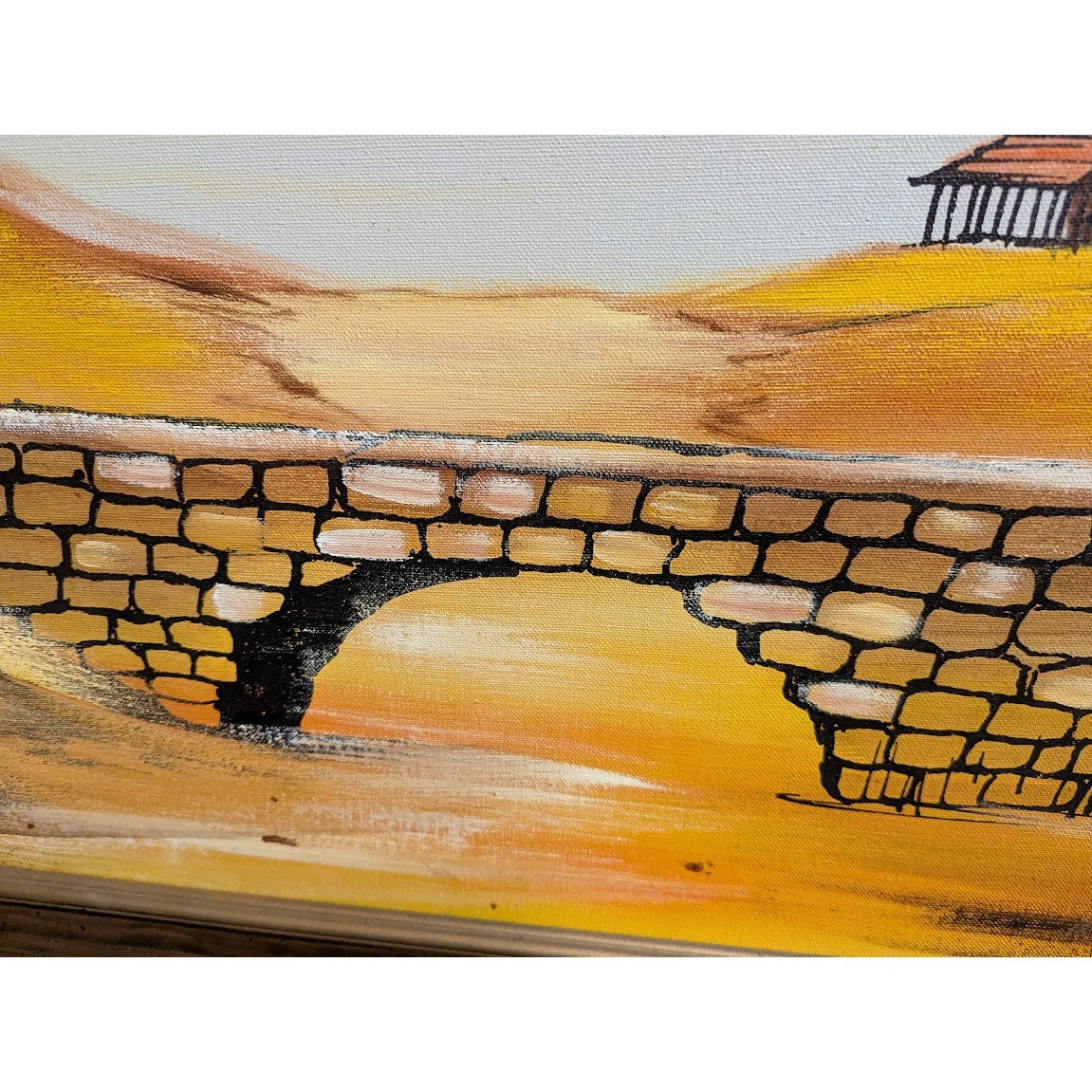 L. VICKI Oil MCM painting Large Landscape Oranges Yellow Large Wood Frame