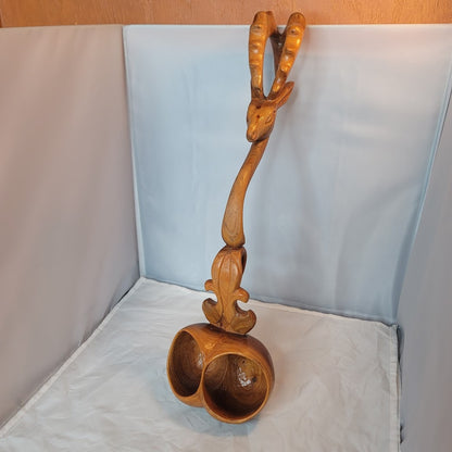 Hand carved double dipper ladle wood antelope ram head Kazakhstan Ожау