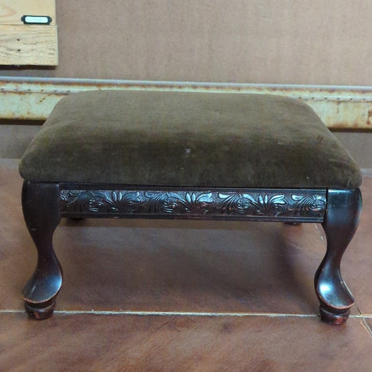 Brown Velvet Wooden Slipper Stool 8" x 12" x 14" Antique English  Footstool