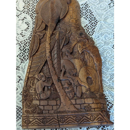 Antique Palauan Storyboard Hand Carved Wood Relief Folk Art Signed Willard Deocr