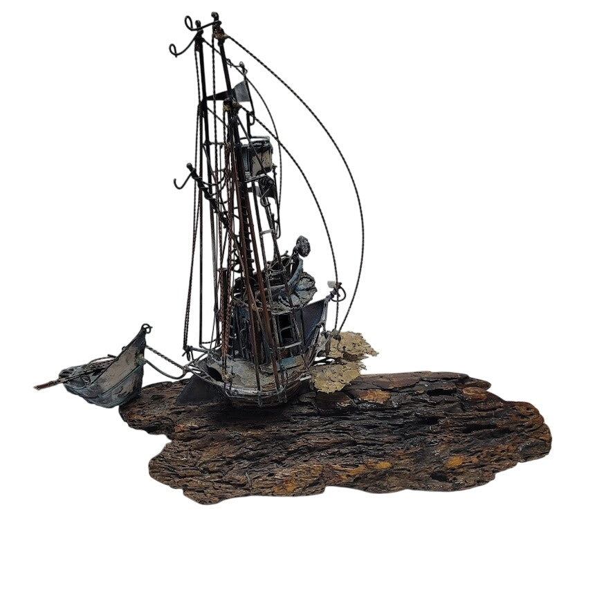 Large VINTAGE Copper bronzed ship brig dingy mounted on varnished 15" x 17" wood