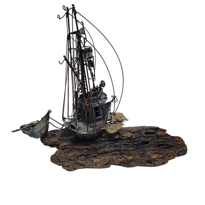 Large VINTAGE Copper bronzed ship brig dingy mounted on varnished 15" x 17" wood