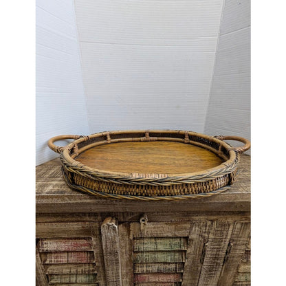Vintage Rattan and Wicker Oval Serving Tray with Woven Trim and Handles